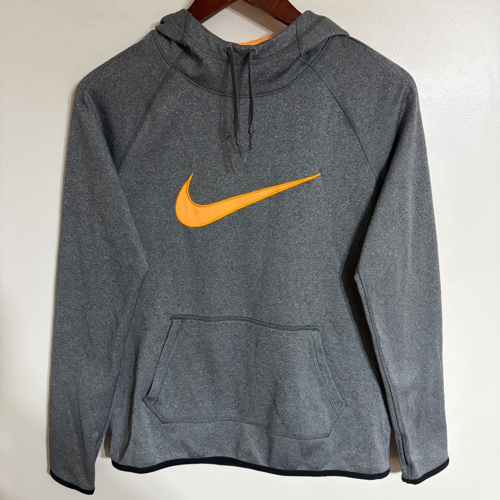 Nike Dri-FIT Hoodie Mens‎ Small Gray Orange Swoosh Pullover Sweatshirt Raglan